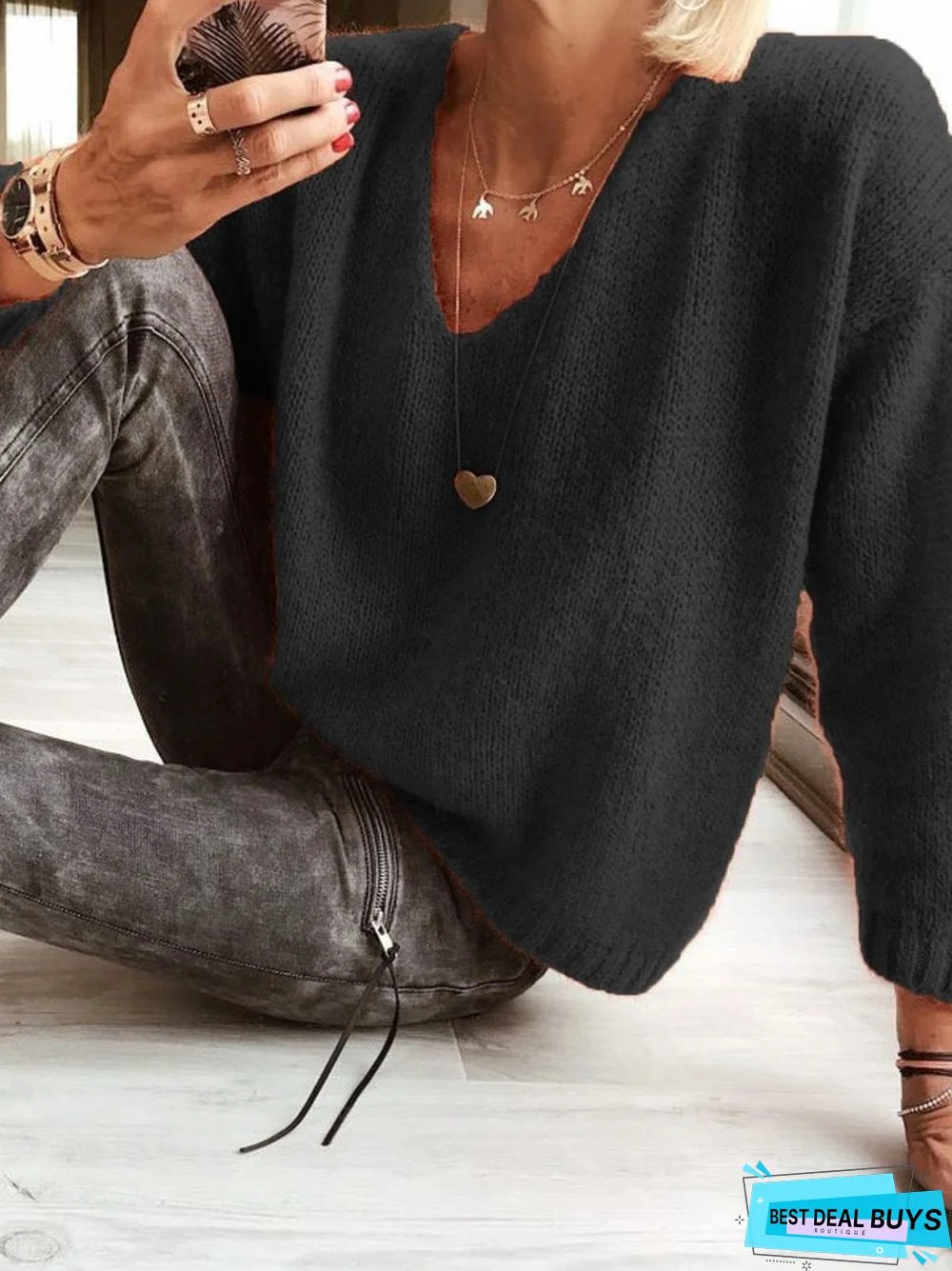 Casual V-Neck Plain Sweater