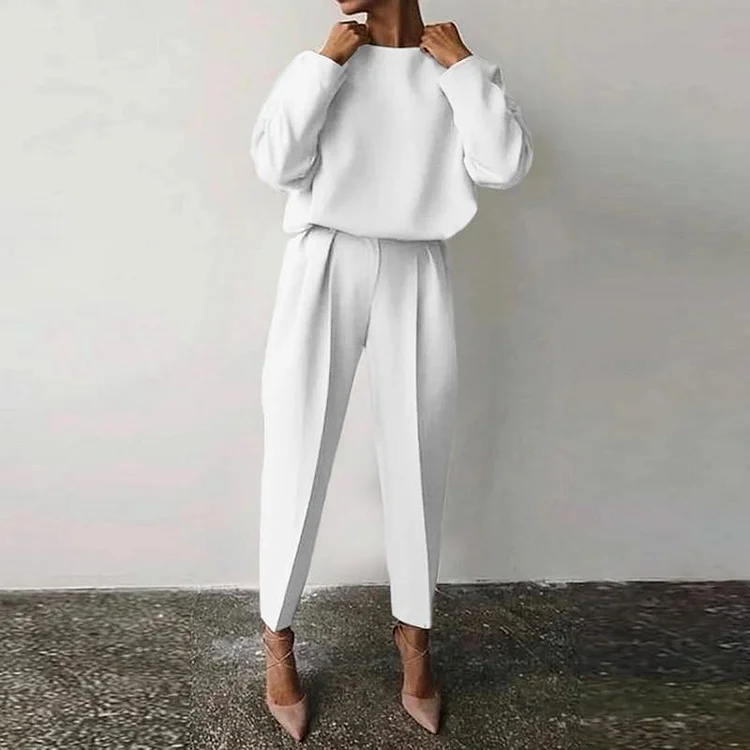 Casual O-Neck Pullover Tops And Solid Long Pants Outfits Fashion Elegant Office Lady Suits 2021 Women Two Piece Sets Streetwear 1029
