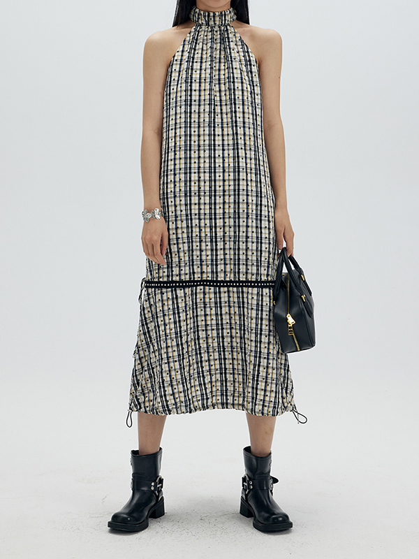 Plaid Halterneck Sleeveless Drawstring Loose Maxi Dress