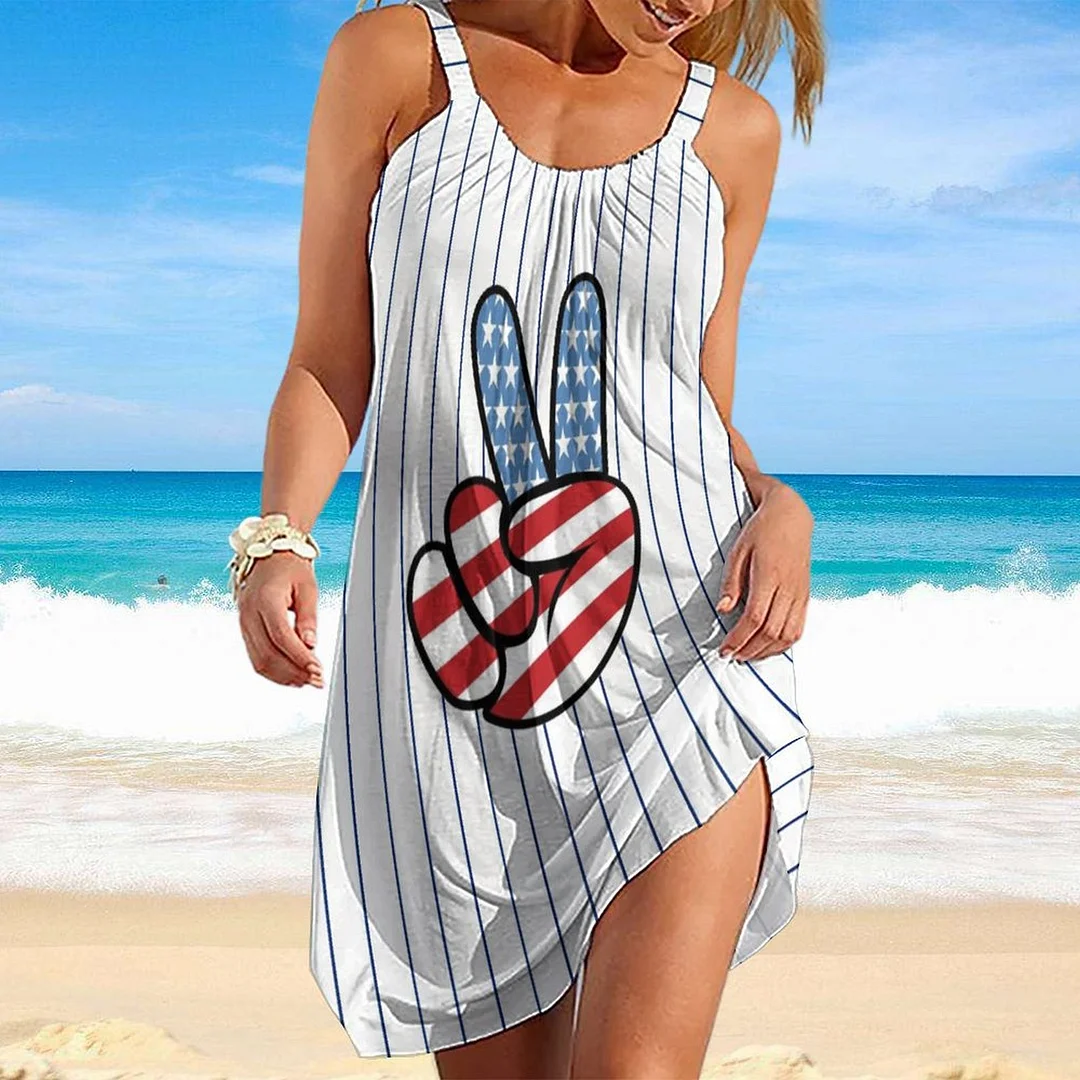Women Beach Dress Sleeveless O-neck Casual Plus Size Mini Dress in Pattern USA, Independence Day, Star, Striped, Blue, Red