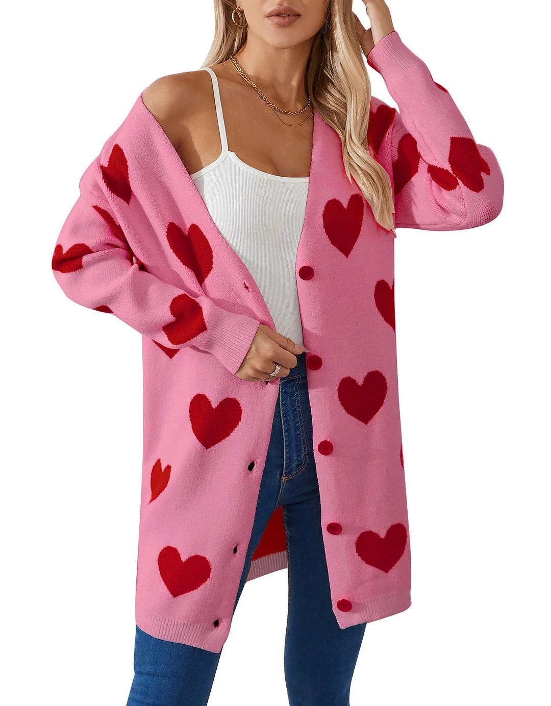 Athvotar Athvotar New Valentine's Day Love Knitted Cardigan V-Neck Button Long Coat Sweater Woman