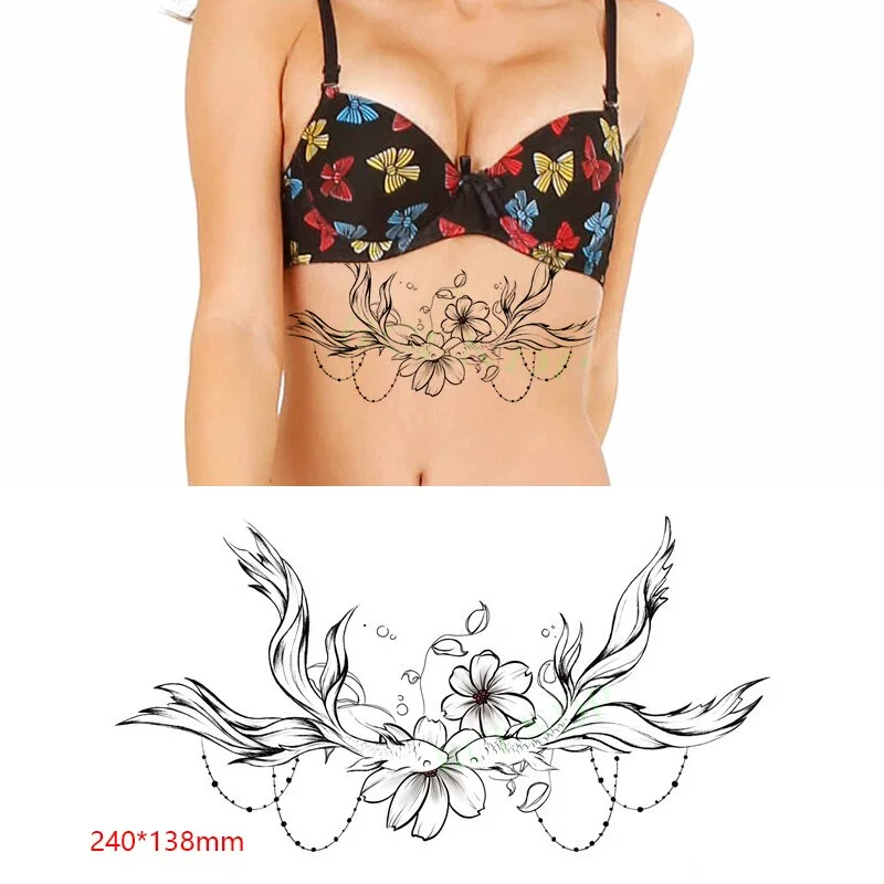 Sdrawing Temporary Tattoo Sticker leaf flower plant black sketch Fake Tatoo Breast Chest Back Belly Flash Tatto For Women Girl