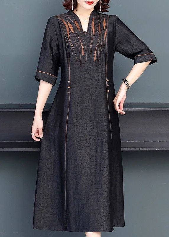 Stylish Black V Neck Patchwork Embroideried Silk Maxi Dresses Summer