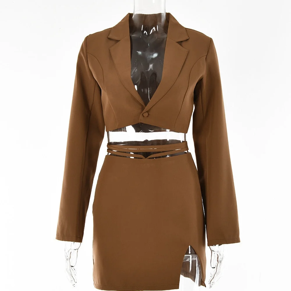 Yimunancy 2-Piece Blazer Sets V Neck Cropped Blazer + High Waist Skirt 2021 Autumn Button Notched Lace Up Matching Set