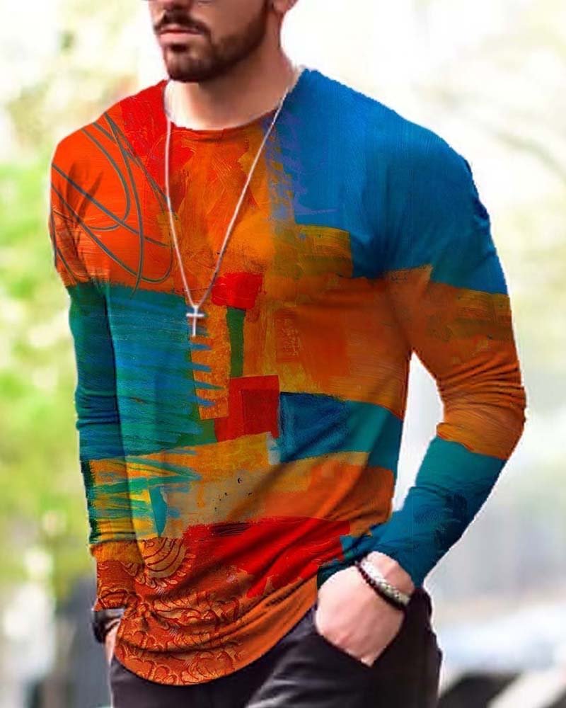 Men's Contrast Painting Print Long Sleeve T-shirt