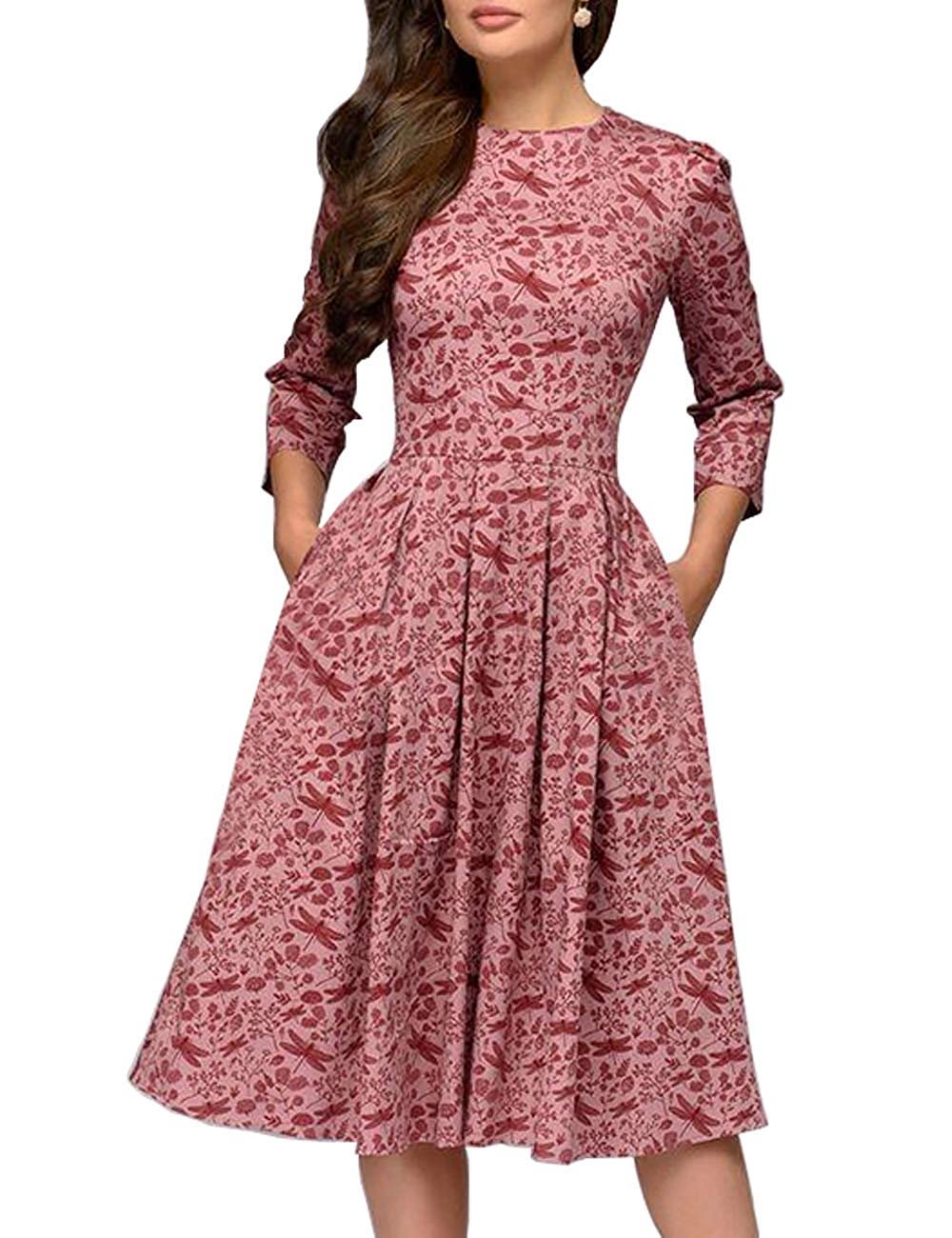 Simple Flavor Women's Floral Evening Flare Vintage Midi Dress 3/4 Sleeve