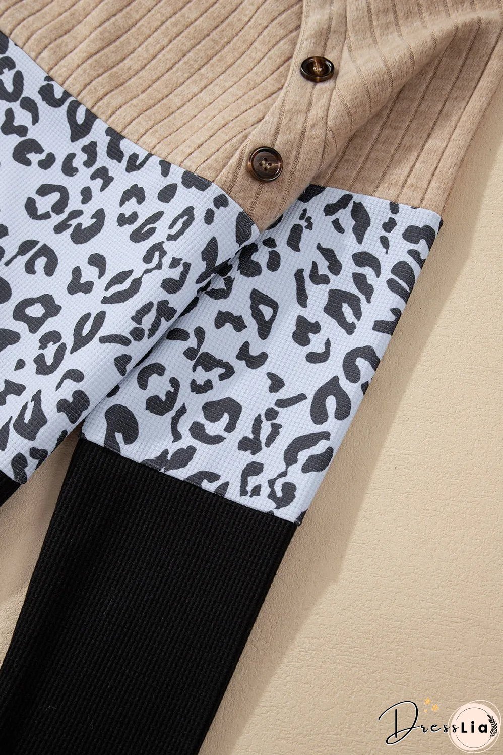 Black Cheetah Textured Patchwork Buttoned Round Neck T Shirt