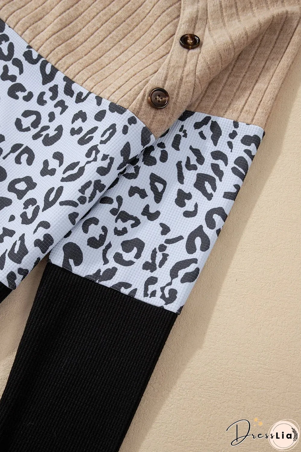 Black Cheetah Textured Patchwork Buttoned Round Neck T Shirt