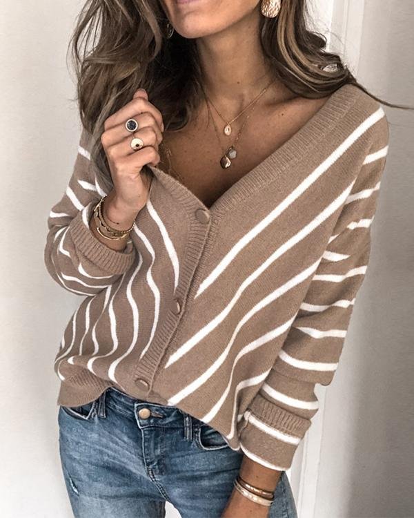 Striped Ribbed V neck Sweaters - Chicaggo