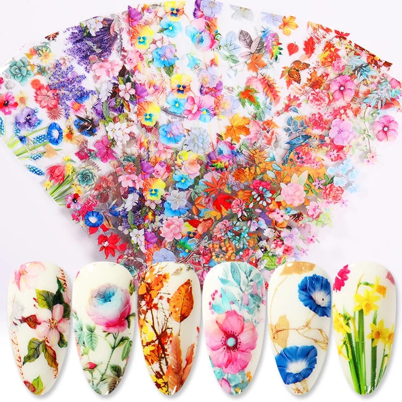 10pcs Maple Leaves Flower Lace Colorful Nail Series Foils Nail Art Transfer Sticker Paper Nail Art Manicures DIY Tips Decoration