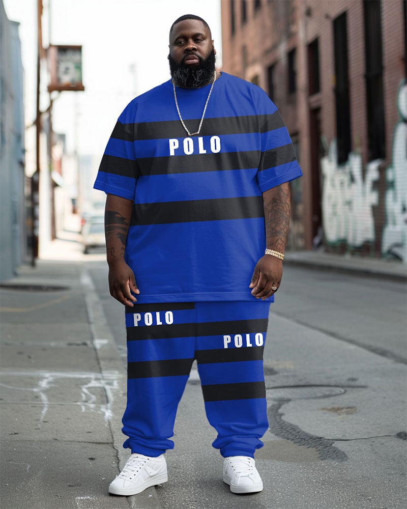 Men's Plus Size Street Fashion POLO Letter Black Striped T-Shirt Trousers Suit