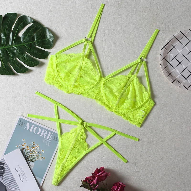Billionm Neon Green Lingerie Underwear Women Lace Set Hollow Out Bra Panties Thong 2 Pieces Sexy Nightwear Erotic Costumes Intimate Suit
