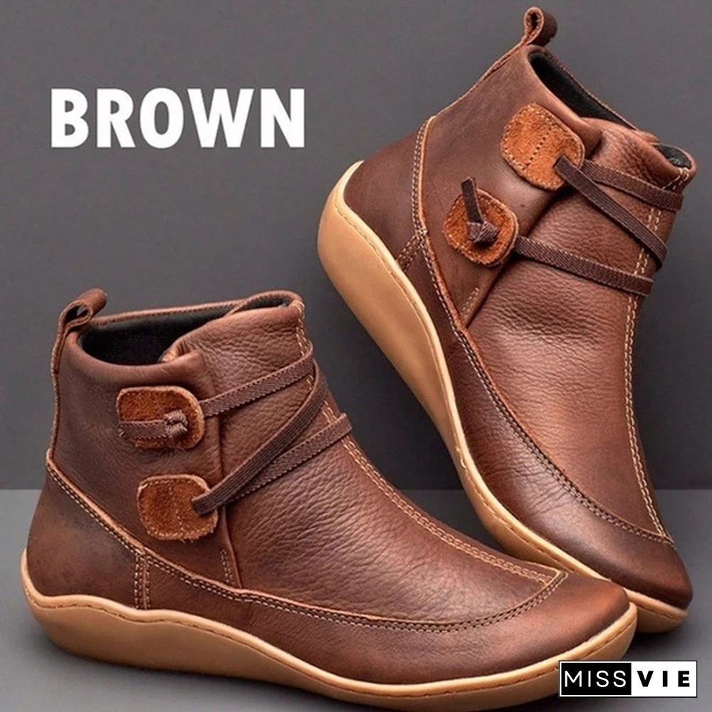 Women's Braided Strap Flat Heel All Season Boots Waterproof Leather Comfortable Flat Heel Boots Round Toe Ankle Boots