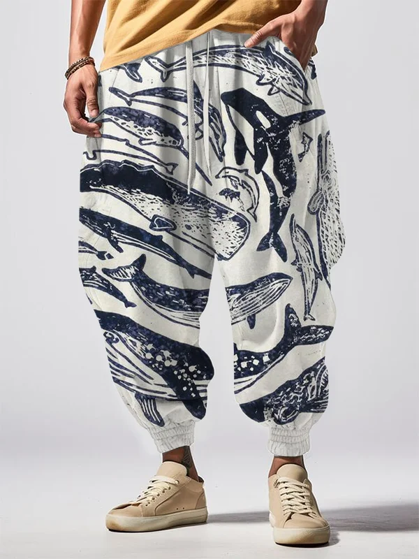 Men's Species Of Whales Japanese Lino Art Vintage Printed Loose Drawstring Waist Sweatpants