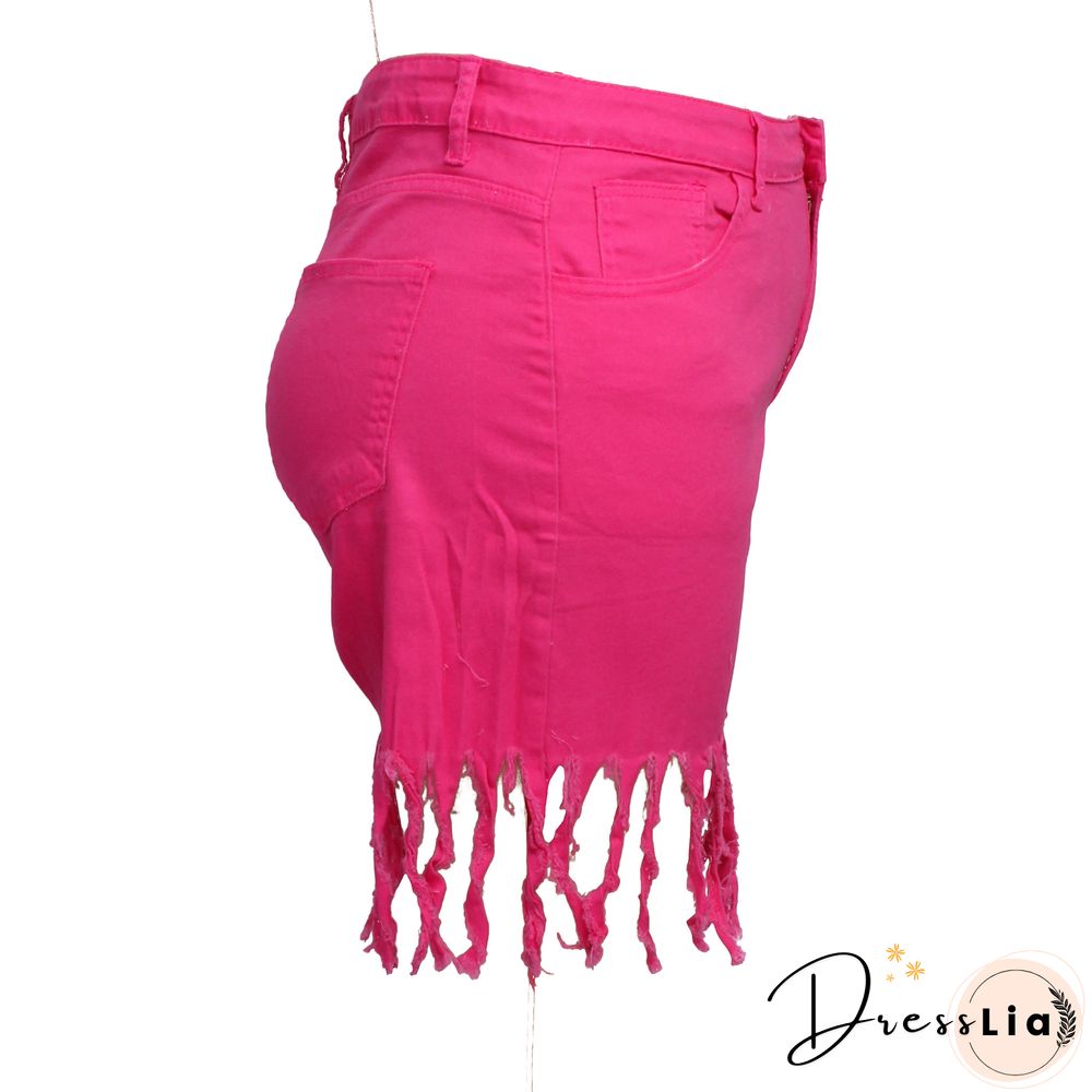 Plus Size Solid Color Autumn Fashion Women's Streetwear High Waist Tassel Jeans Denim Shorts