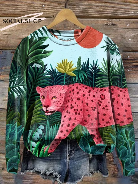 Women's Pink Cheetah Leopard Floral Print Round Neck Long Sleeve Sweatshirt socialshop