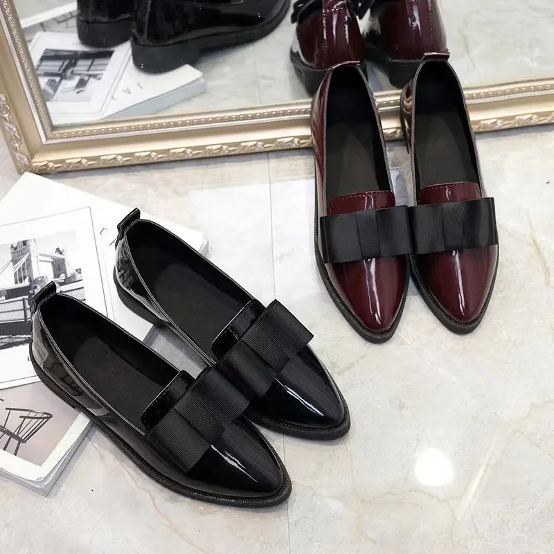 Breakj Breakj Korean Version Of The Bow Tip Casual Low Single Shoes Women's Flat Base Simple Socket Commuting Women's Leather Shoes