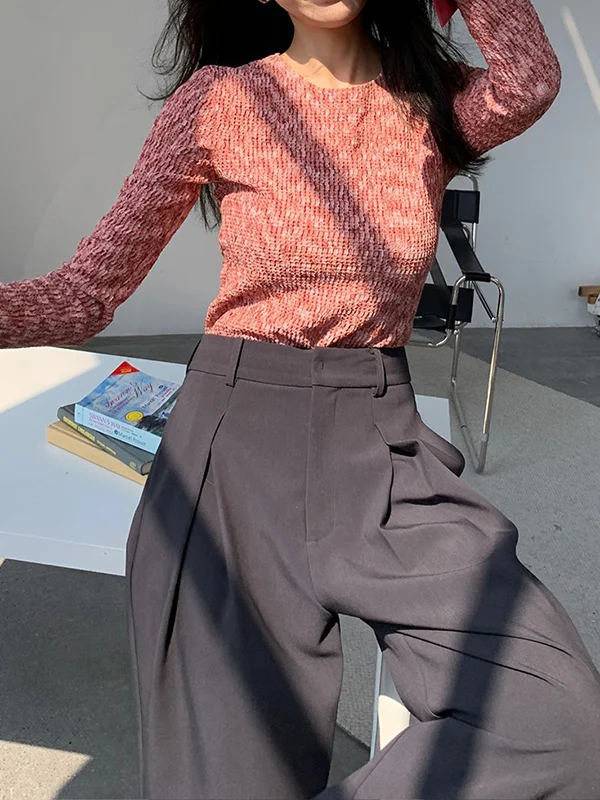 Long Sleeves Skinny Buttoned Round-Neck T-Shirts Tops