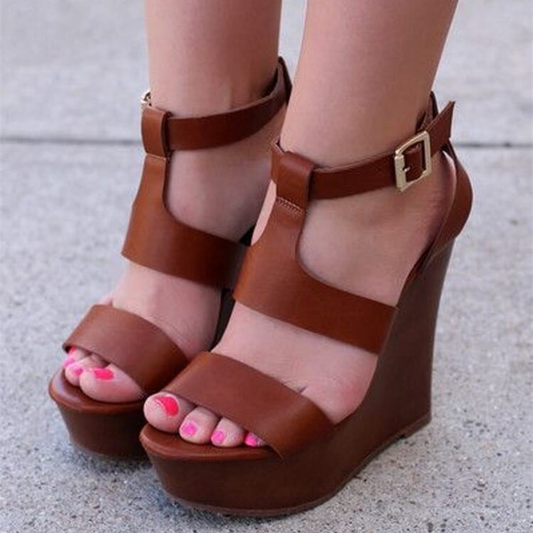 Tan Vegan Leather Wedge Sandals Open Toe Platform T Strap Sandals |FSJ Shoes