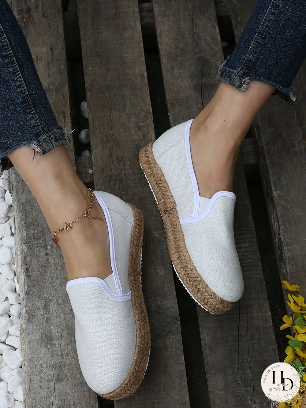 Black White Canvas Straw Platform Loafers