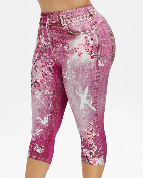 High Waist Printed Bottom Imitation Denim Slim Capri Pants Fashion Ladies Summer Pants Summer Stretch Pants
