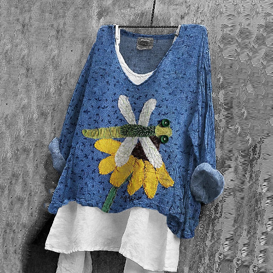 Women's Dragonfly And Sunflower Art Cotton And Linen V-neck Shirt