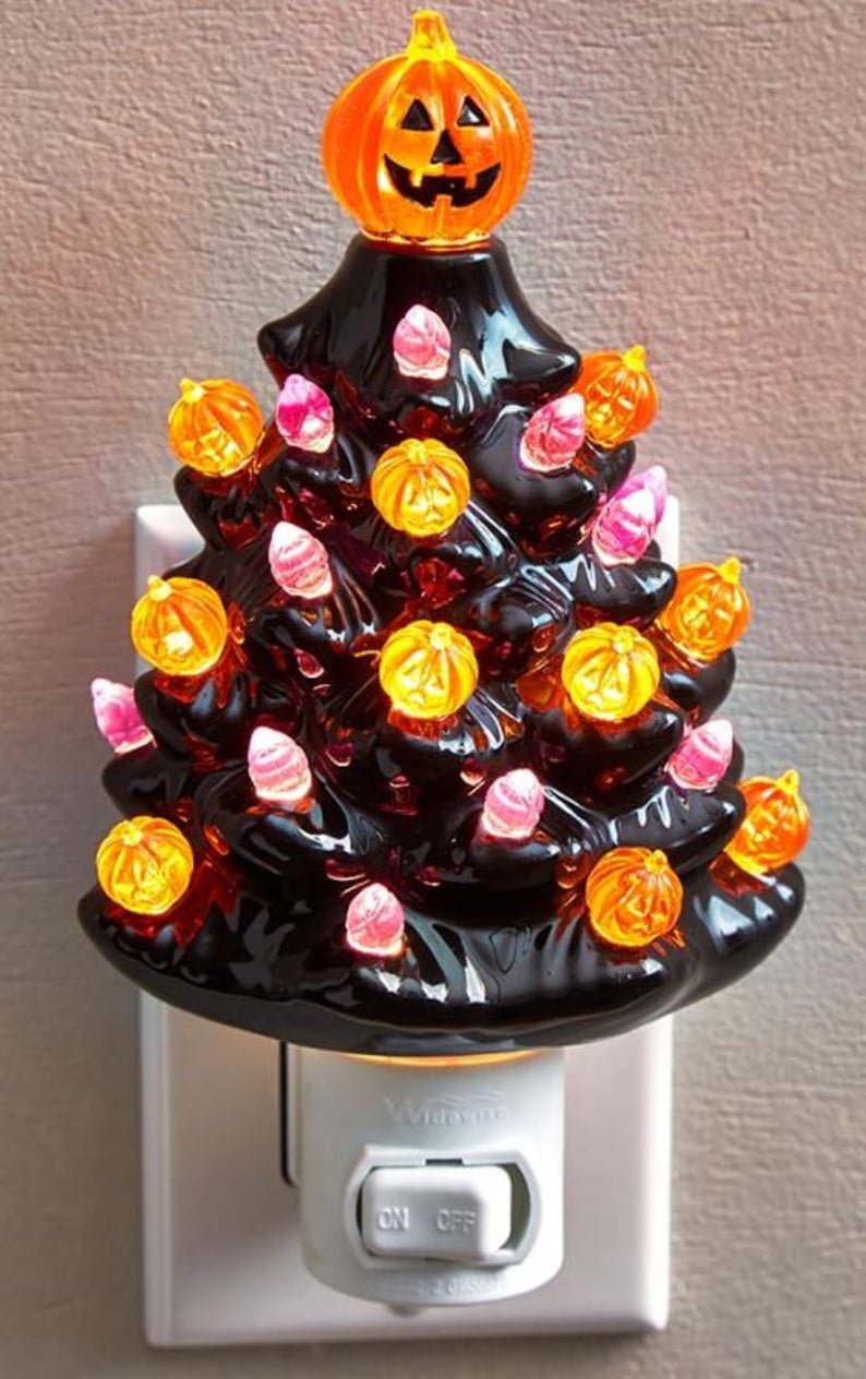 Halloween Black Ceramic Decor Tree Lights Hanging Ornaments Bonsai Tree