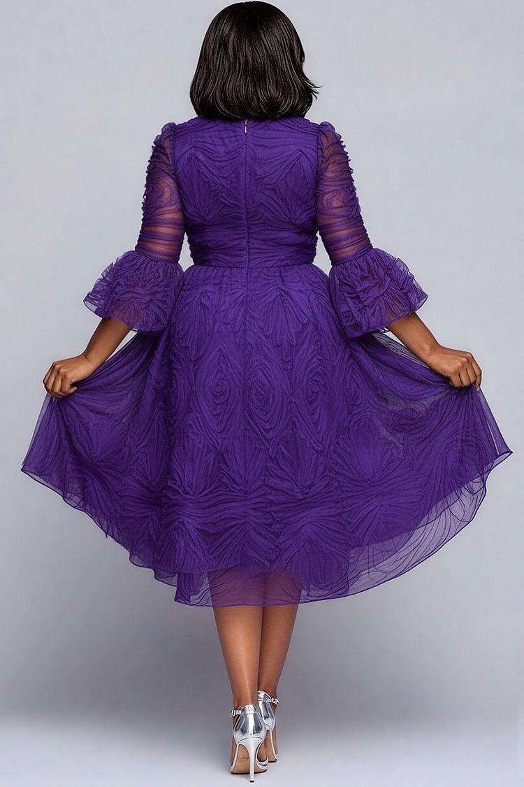 Xpluswear Design Plus Size Semi Formal Purple Round Neck Flare 3/4 Sleeve Elegant Midi Dresses [Pre-Order]