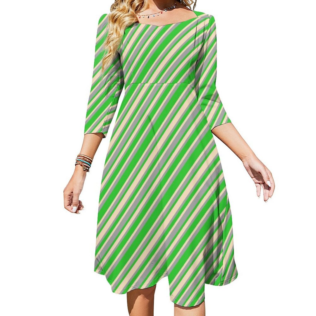 Lime Green Bisque And Dark Gray Colored Stripes Dress Sweetheart Tie Back Flared 3/4 Sleeve Midi Dresses