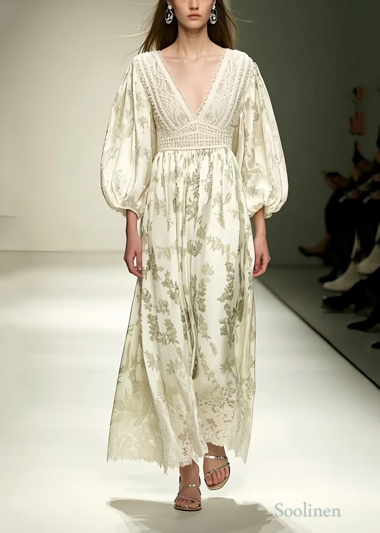 Fitted Beige V Neck Print Silk Vacation Dresses Lantern Sleeve