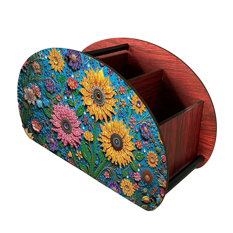 DIY Sunflower Design Wooden Diamond Painting Makeup Brush Storage Box Organizer