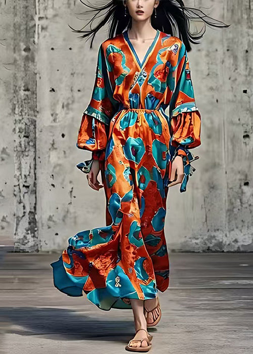 VCSHOES Caramel V Neck Print Silk Holiday Dresses Spring