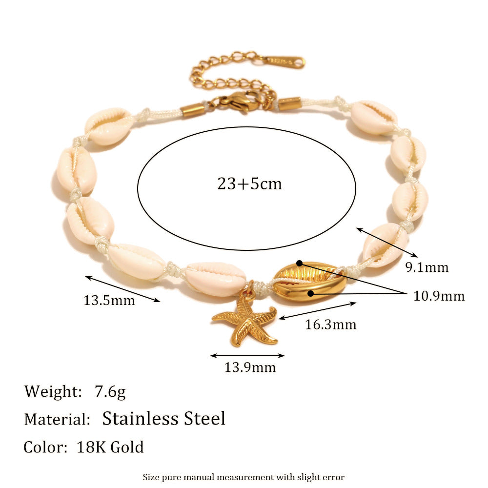 Ins Fashion Niche Personality Foot Ornaments Stainless Steel Plated 18K Gold Beach Style Shell Starfish Anklet Female