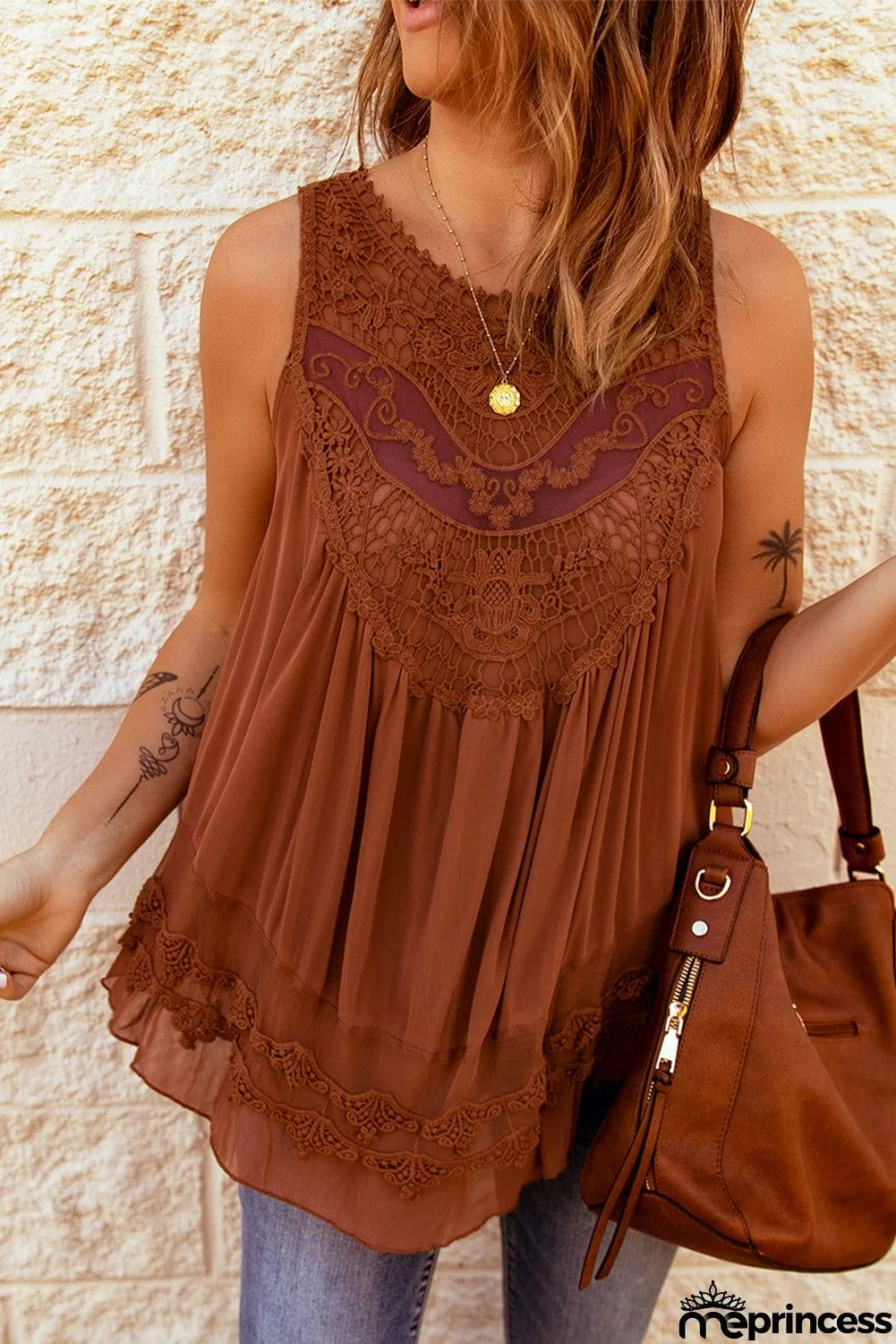 Lace Detail Buttons Back Sleeveless Top