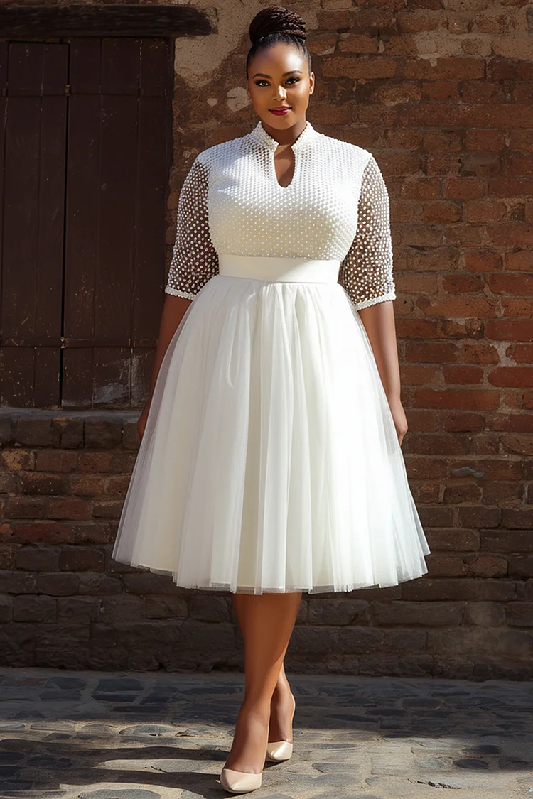 Xpluswear Design Plus Size Wedding White Round Neck Short Sleeve See Through Tulle Midi Dresses 2024 - Xpluswear
