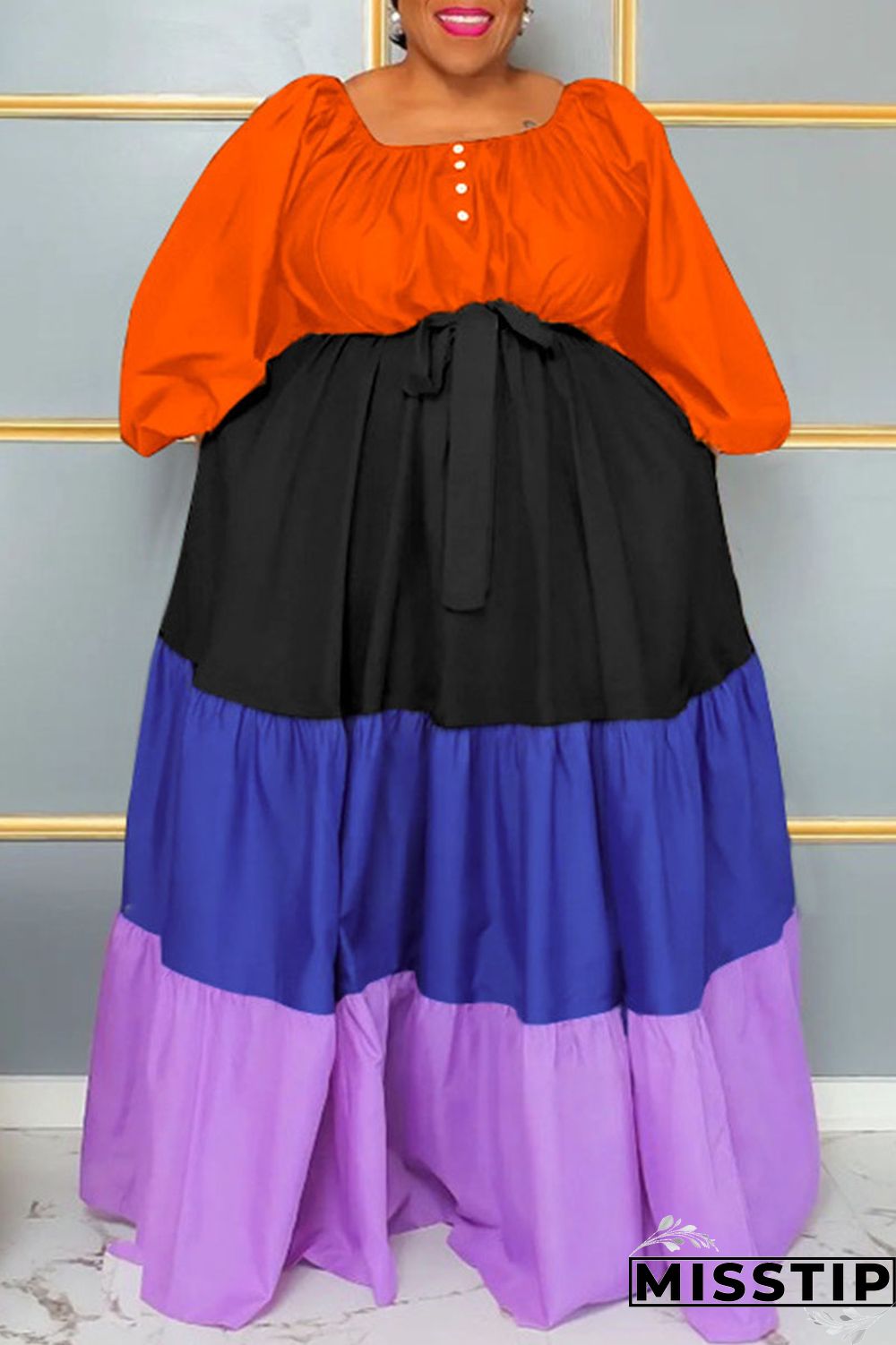 Green Casual Solid Patchwork Square Collar A Line Plus Size Dresses