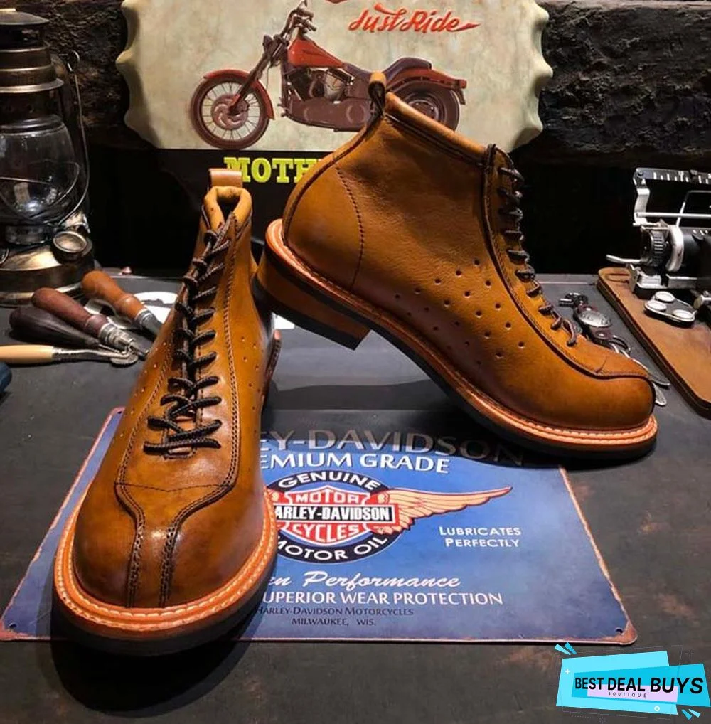 Vintage Genuine Leather Boots Full Grain Ankle Designer Shoes Men High Quality Fall Booties Short Brown Lace Up