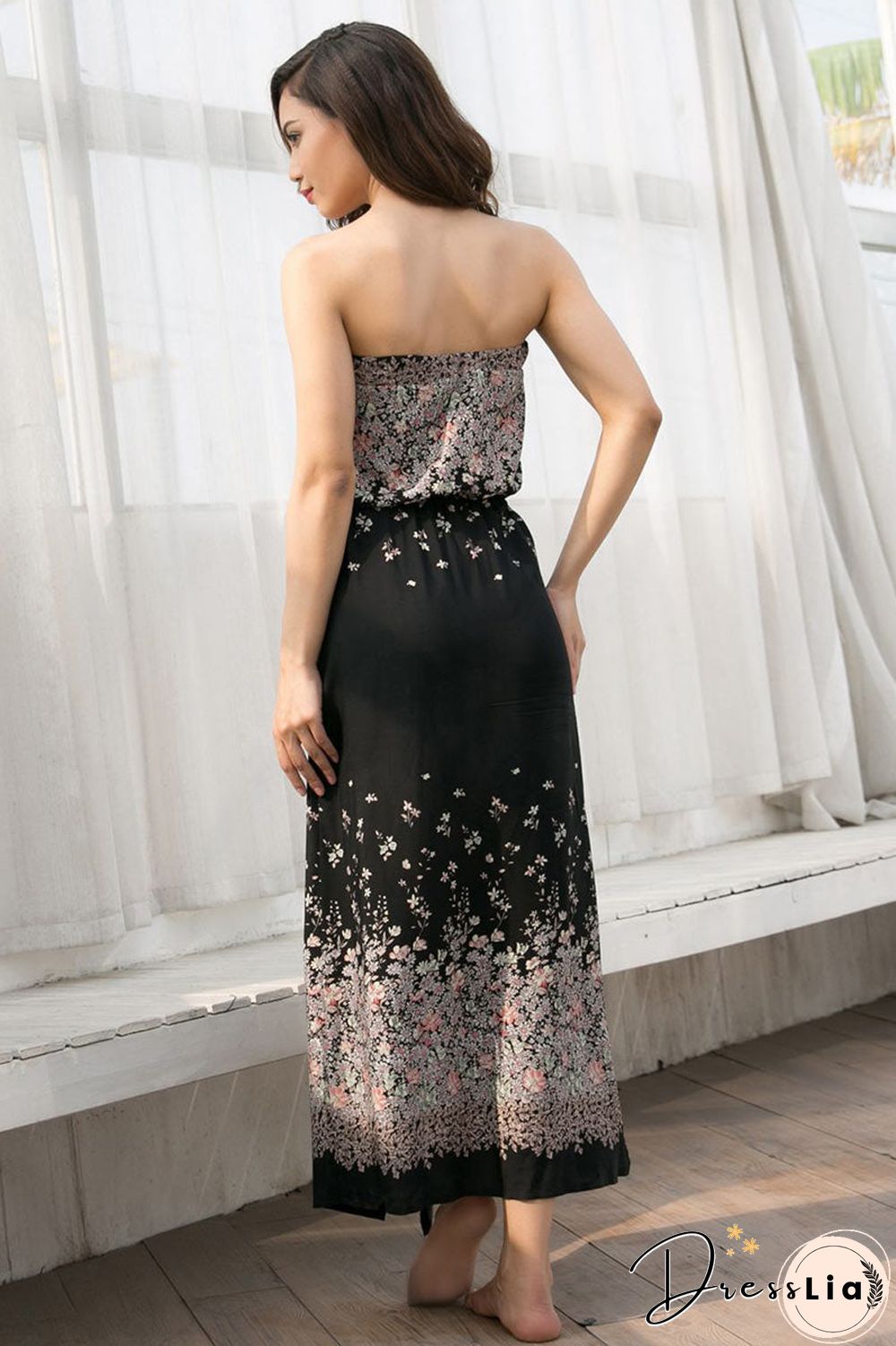 Strapless Open Back Slit Tie Front Floral Dress