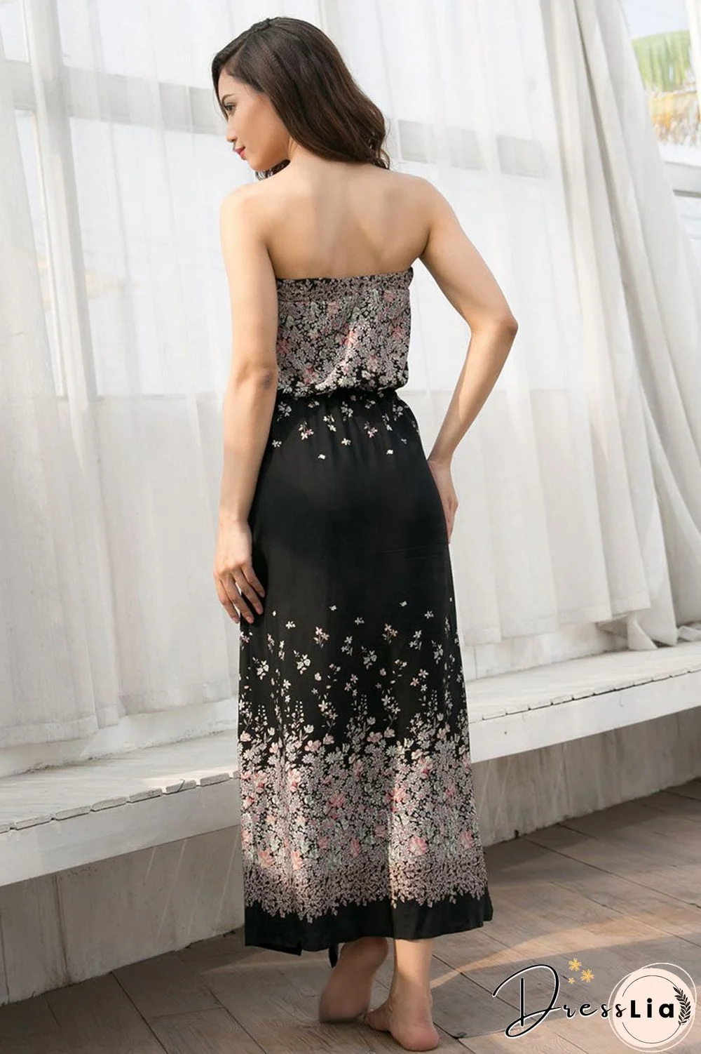 Strapless Open Back Slit Tie Front Floral Dress