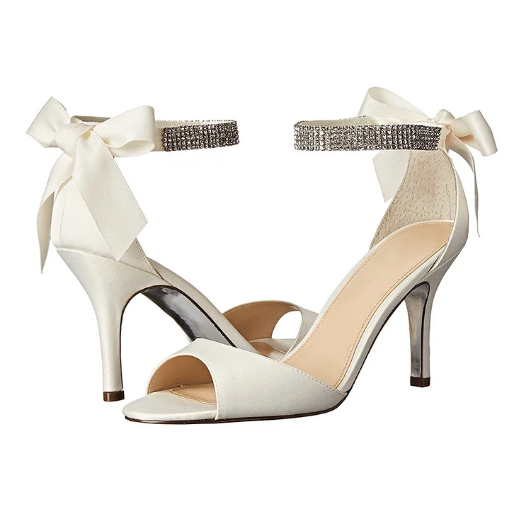 White Satin Bow Bridal Shoes Rhinestone Ankle Strap Heeled Sandals |FSJ Shoes