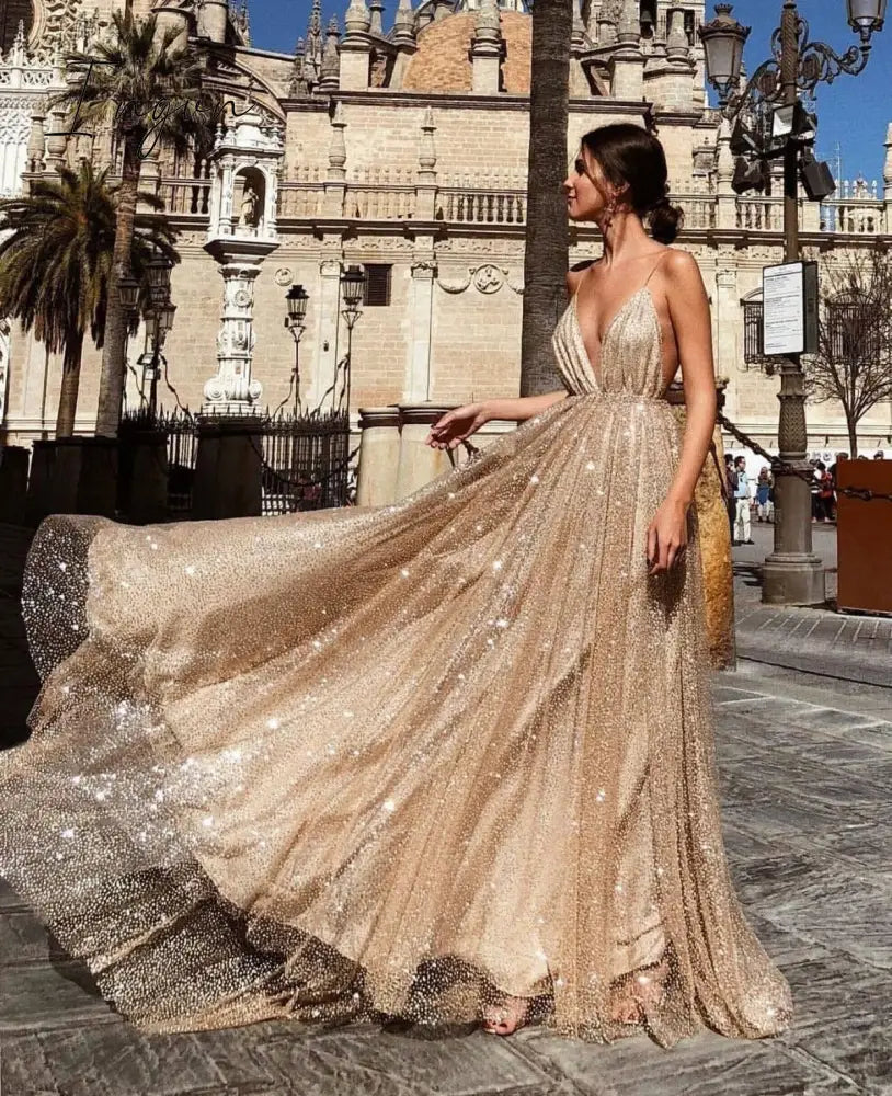 Ingvn - Sexy Spaghetti Strap Gold Sequin Metallic Dresses For Women Fashion Elegant Night Club