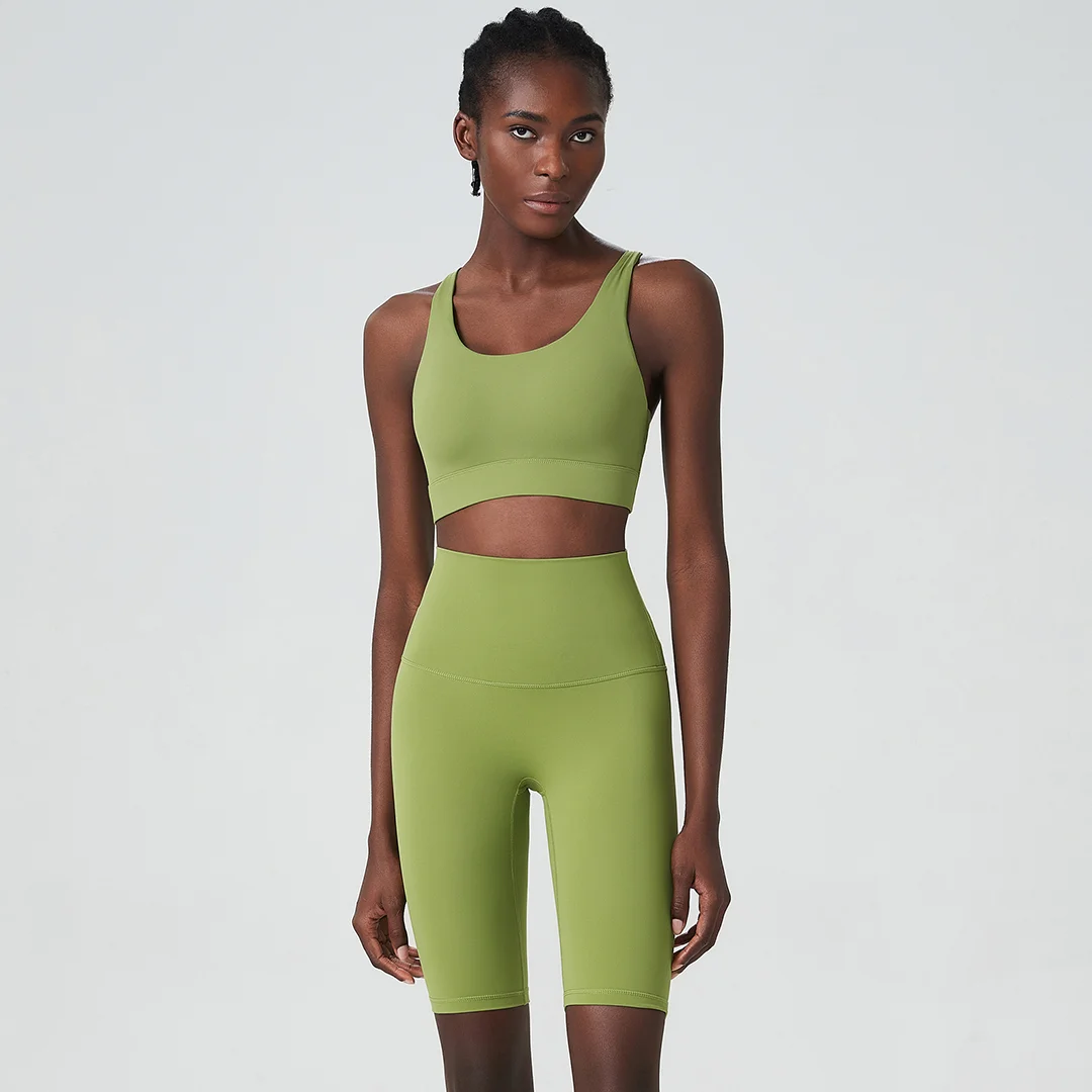 Solid color breathable sports bra &  leggings 2-piece set