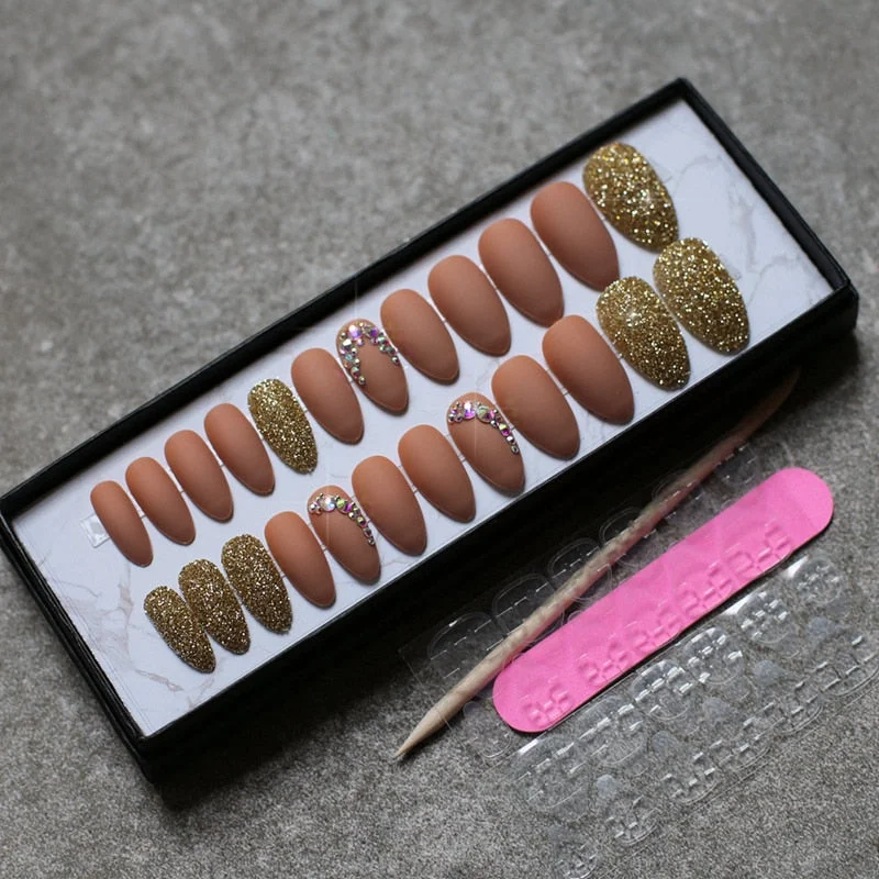 Matte glitter art nails box Match press on nails Burgundy AB rhinestone fasle nails stiletto Custom nails white blue pink-Nail Inspo