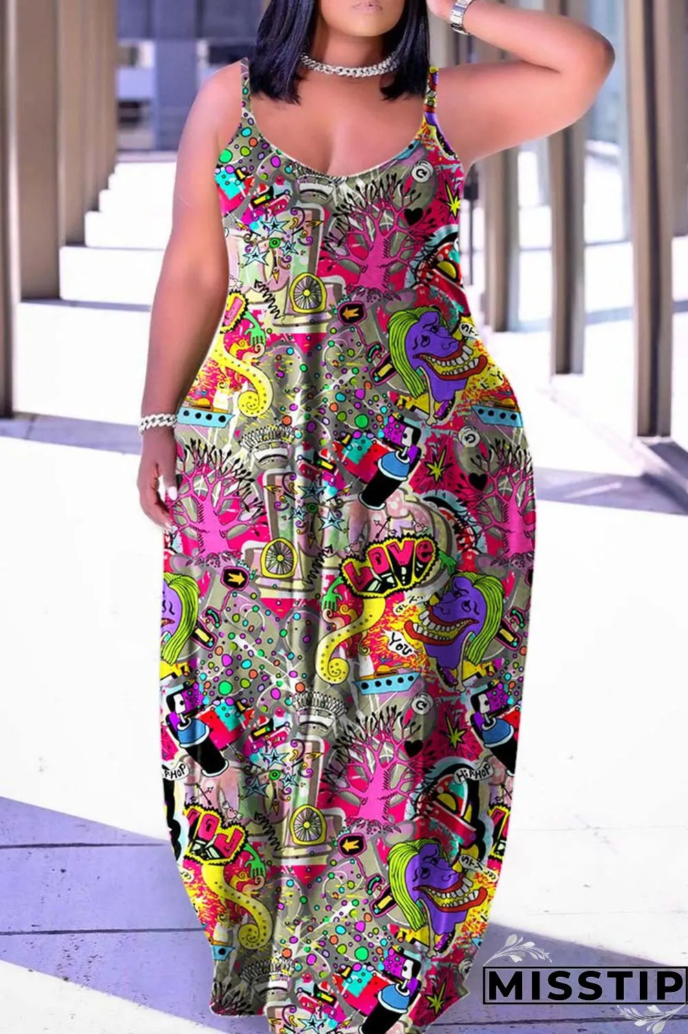 Pink Sexy Casual Print Backless Spaghetti Strap Long Dress Dresses