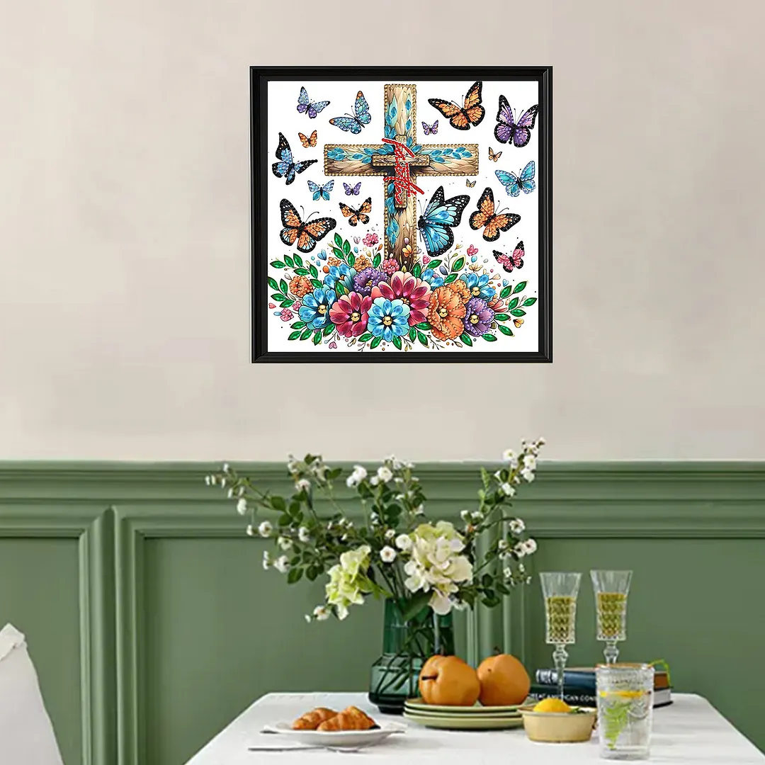 Diamond Painting - Partial Special Shaped Drill - Butterfly Cross(Canvas|30x30cm)