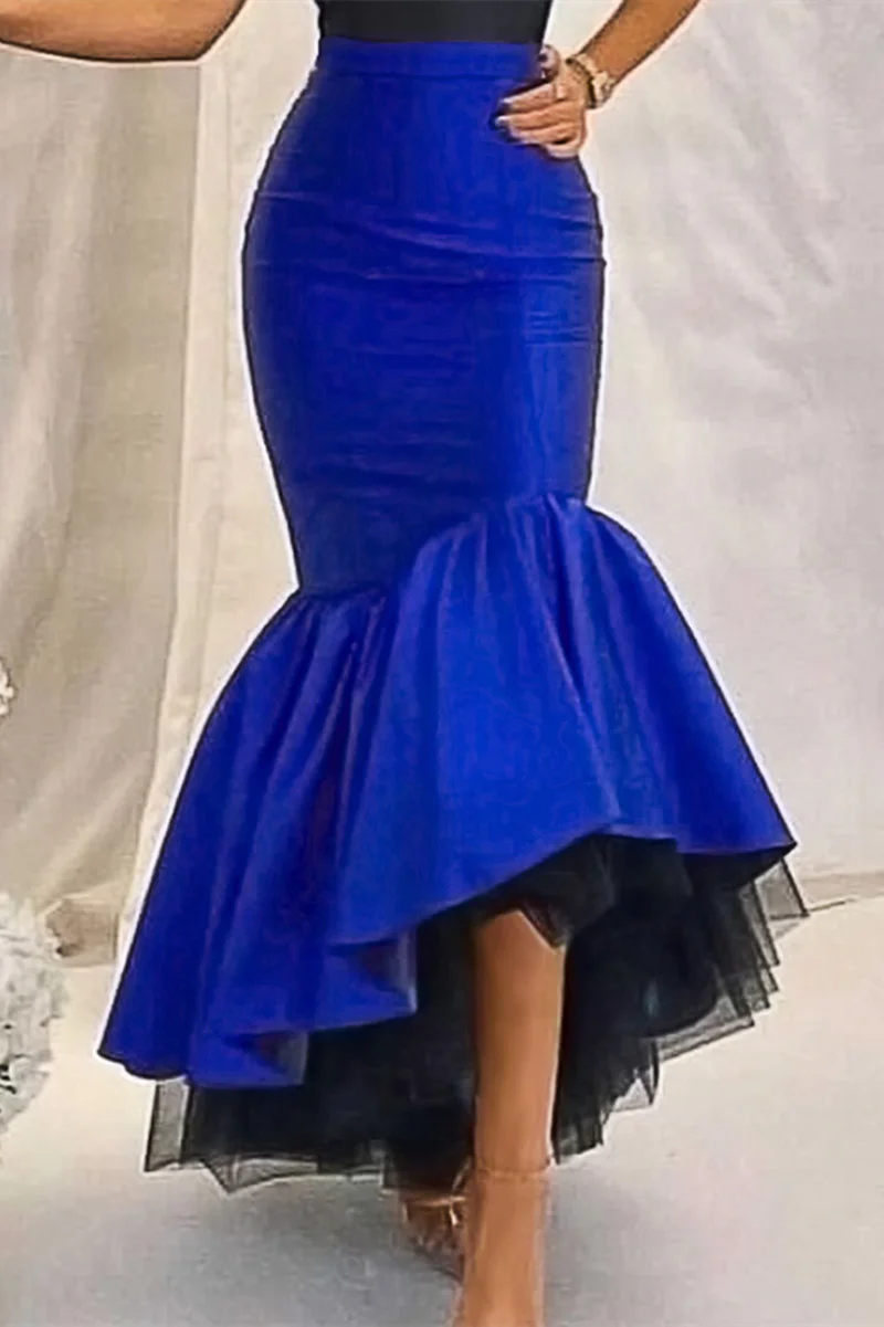 Blue Fashion Casual Solid Patchwork Regular High Waist Skirt | EGEMISS