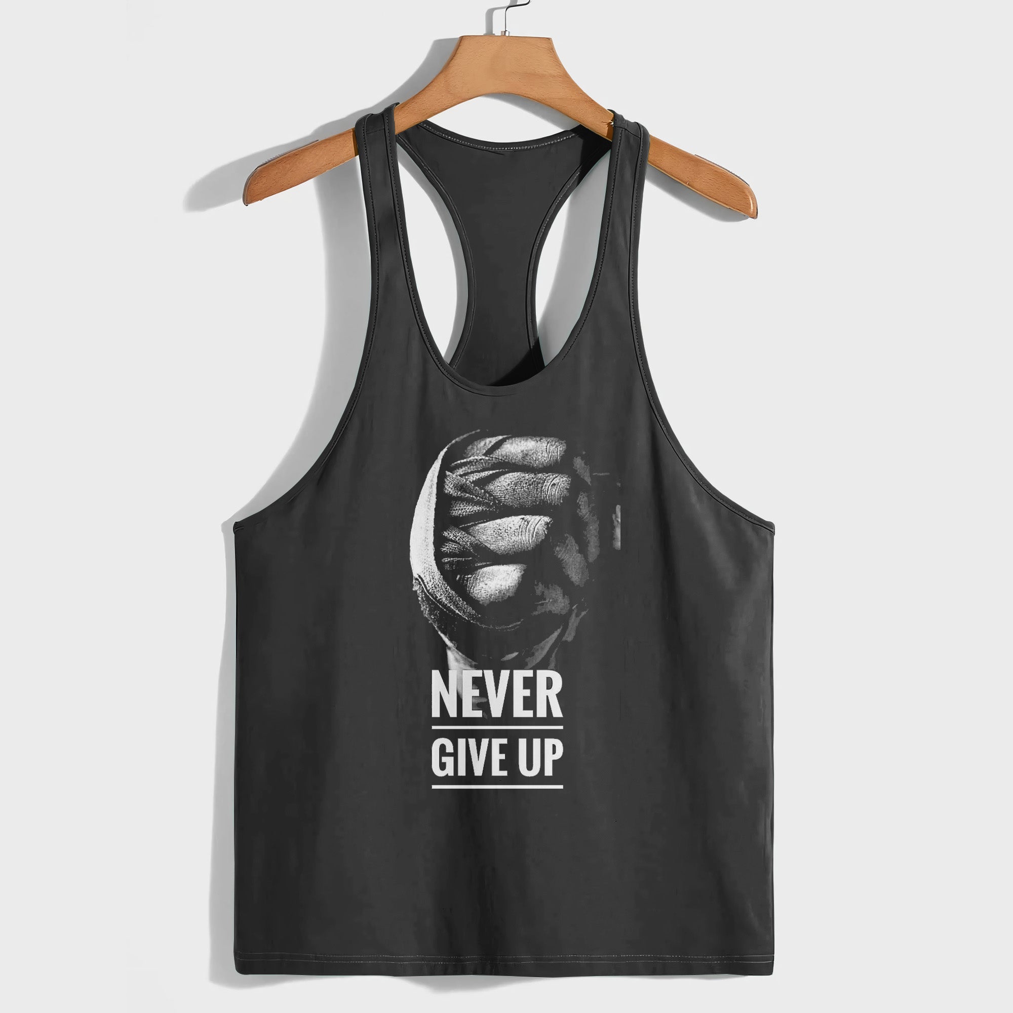 NEVER GIVE UP FIST PRINT ON RACERBACK TANK