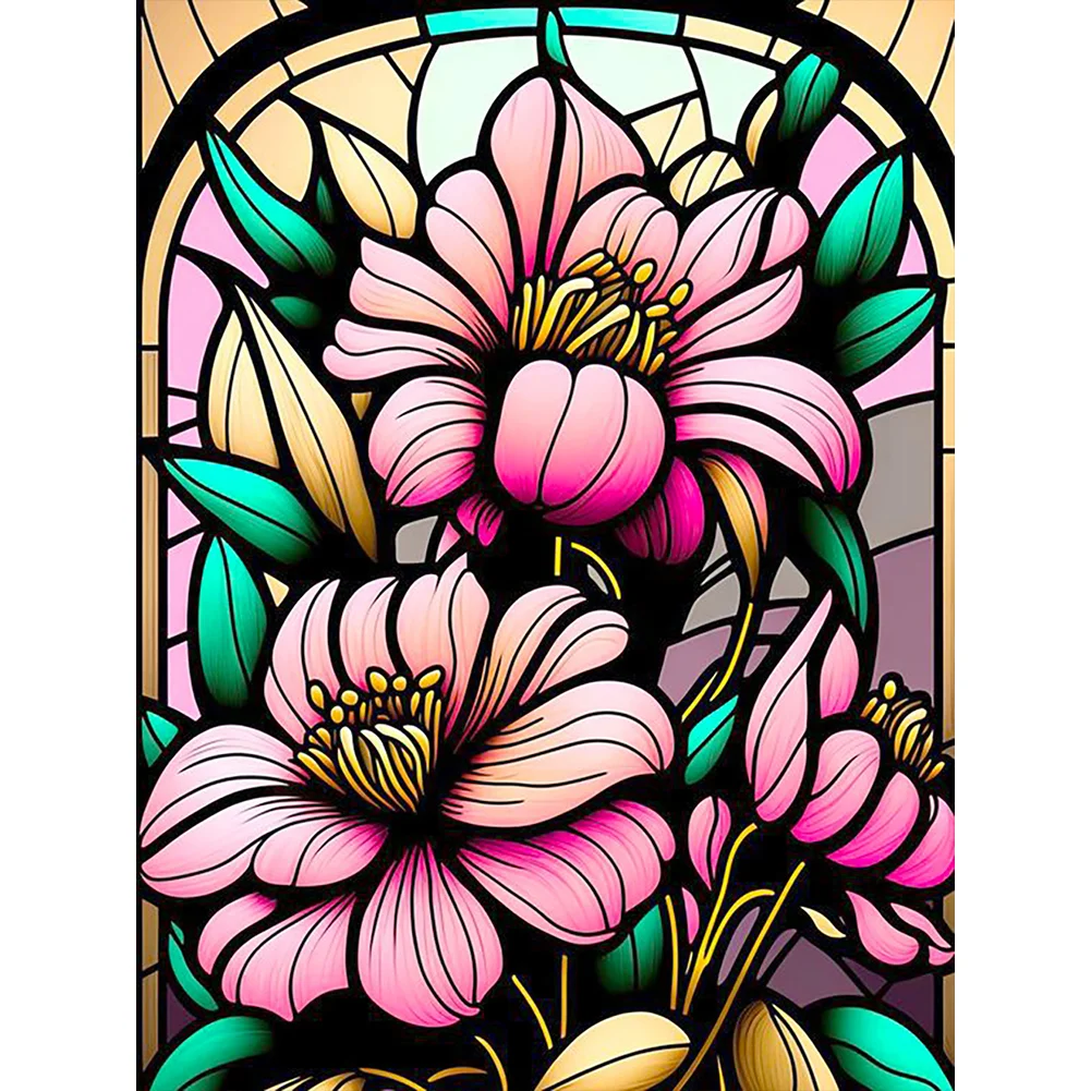 Stained Glass Pink Flowers (canvas) full round or square drill diamond  painting