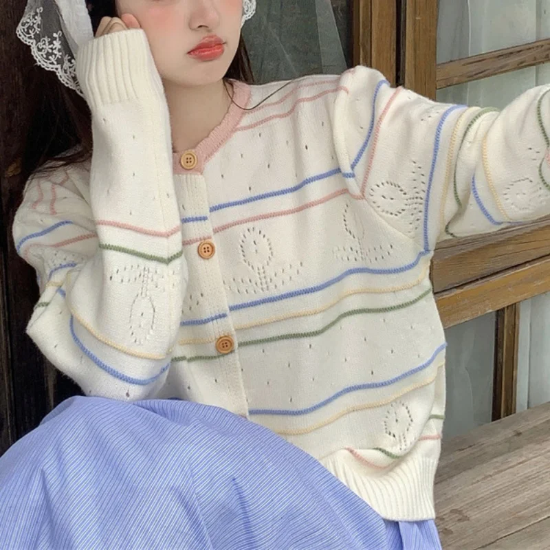 Ueong Ueong Korean Spring New Color Stripe Hollow Out Round Collar Knit Cardigan Retro Art Jacket Coat Wear