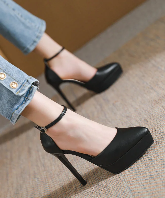 Black High Heels Faux Leather Beautiful Splicing Buckle Strap